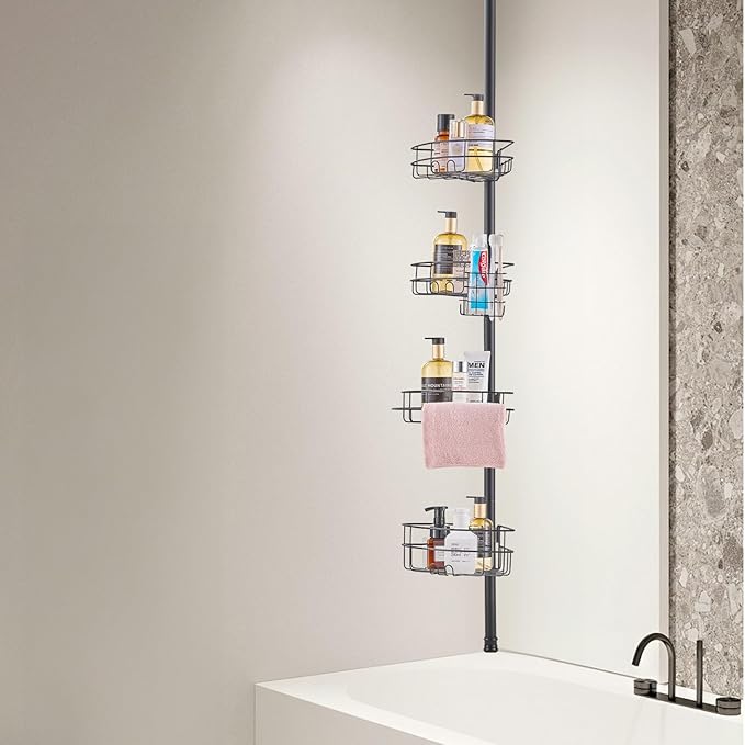 VEVOR Corner Shower Caddy Tension Pole, 4 Tier Adjustable Rustproof Organizer Shelves for Bathroom & Washroom, 42-114inch High, Black