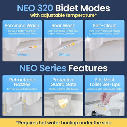 LUXE Bidet NEO 320 - Warm Water, Dual Nozzle, Self-Cleaning, Non-Electric Bidet Attachment for Toilet Seat, Adjustable Water Pressure, Rear & Feminine Wash (White)