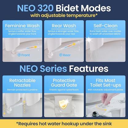 LUXE Bidet NEO 320 - Warm Water Bidet Attachment for Toilet Seat, Blue | Non-Electric, Warm Water, Dual Nozzle, Self-Cleaning, Adjustable Water Pressure, Rear & Feminine Wash