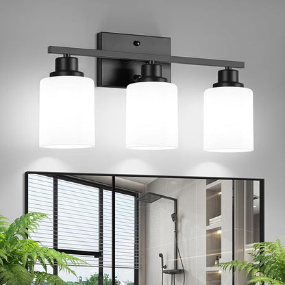 Ascher Bathroom Light Fixtures, 3-Light Vanity Light Over Mirror, Black Wall Sconces with Milky White Frosted Glass Shades, Wall Lamp for Living Room Bedroom, E26 Base(Bulbs Not Included)