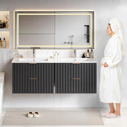 ONBRILL 24 Inch Bathroom Vanity with Sink Combo, Floating Bathroom Vanity with 2 Fluted Drawers & Metal Handle, Modern Wall Mount Storage Cabinet with Ceramic Integrated Sink for Small Space (Black)
