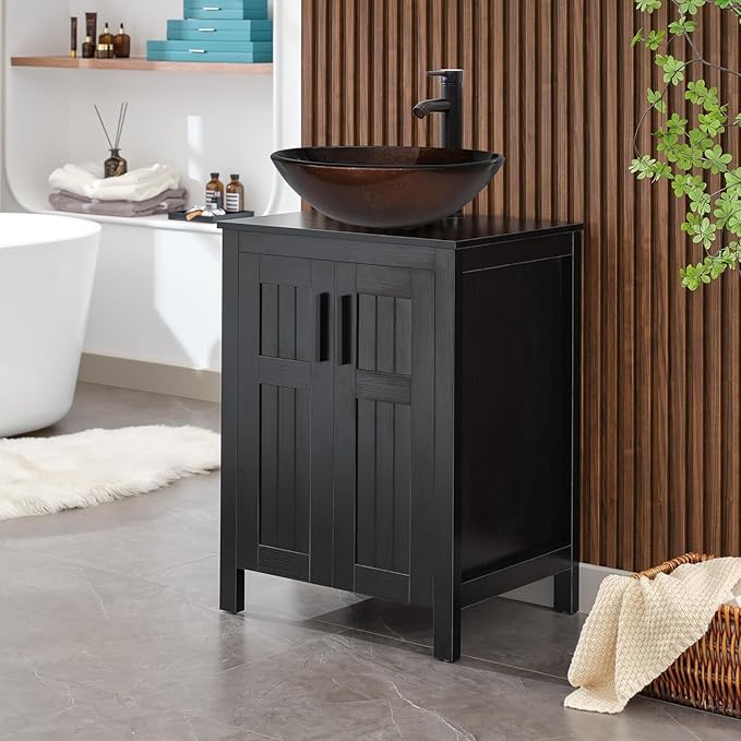 UEV 24"" Black Bathroom Vanity with Sink Combo,Modern Vanity with Vessel Sink,Stylish Bathroom Vanity Cabinet,Grooved Doors & Metal Handles,Modern Bronze Round Bowl Tempered Glass Vessel Sink, BK050