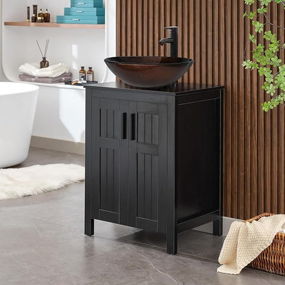 UEV 24"" Black Bathroom Vanity with Sink Combo,Modern Vanity with Vessel Sink,Stylish Bathroom Vanity Cabinet,Grooved Doors & Metal Handles,Modern Bronze Round Bowl Tempered Glass Vessel Sink, BK050