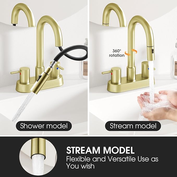 Brushed Gold Bathroom Faucet with Pull Out Sprayer, Dual-Function Spout Gold Bathroom Sink Faucets, 4 Inch Two Handle Utility Sink Faucet with Sprayer 3 Hole, Easy Pet Shower, RVs