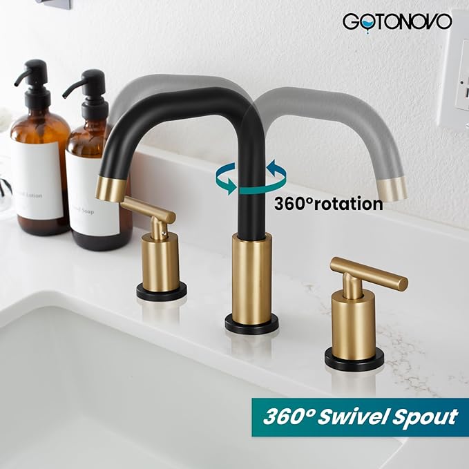 gotonovo 8 Inch Widespread Bathroom Sink Faucet 3 Hole 2 Handles Lavatory Basin with Pop Up Drain with Hot and Cold Mixer Valves Modern Black & Brushed Gold