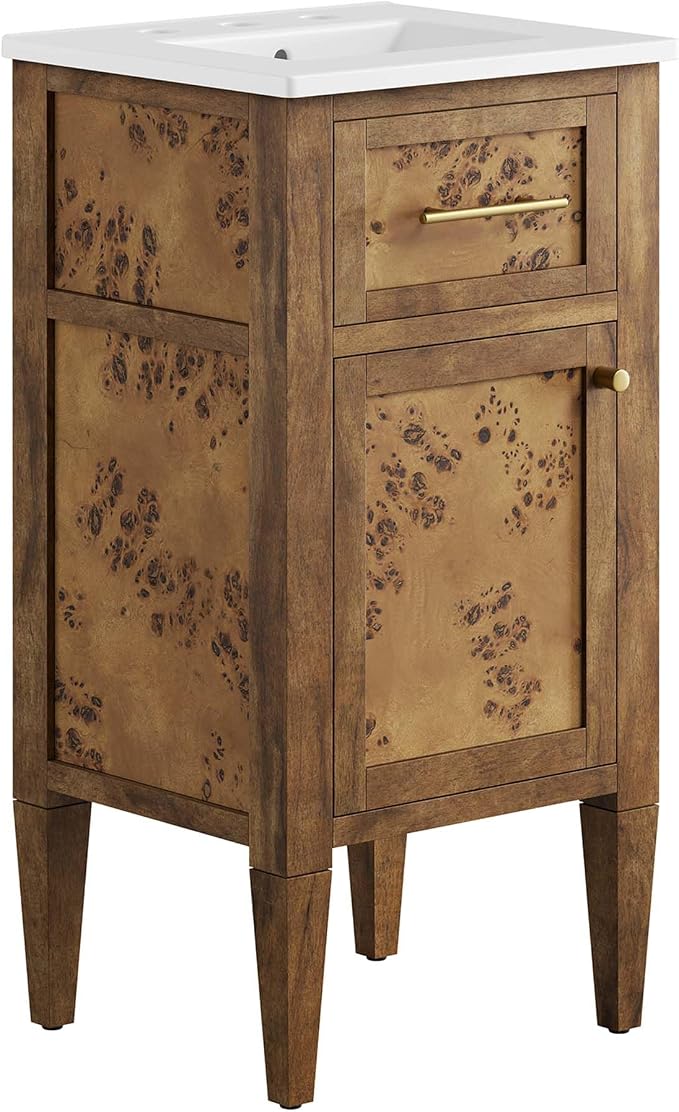 Modway Elysian 18" Burl Wood Bathroom Vanity in White Brown with Ceramic Sink Basin