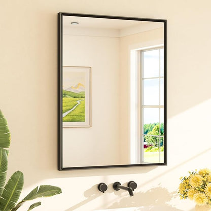 Black Mirror for Bathroom Sink 28" x 36" Matte Black Beveled Metal Frame Bathroom Vanity Rectangle Mirror for Wall, Modern Farmhouse, Tempered Glass, Shatterproof, Stronger Frame