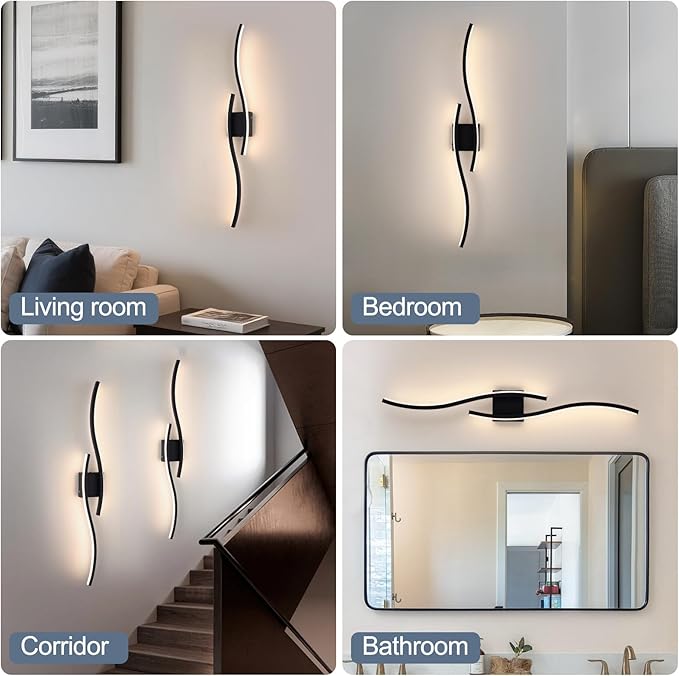 Modern LED Wall Sconce Set of Two, Dimmable Battery Powered Wall Sconces, 3000K-6500K Wireless Wall Light, Rechargeable Wall Lamp Indoor not Hardwired for Room Bedroom Corridor, 39.3in(Black)