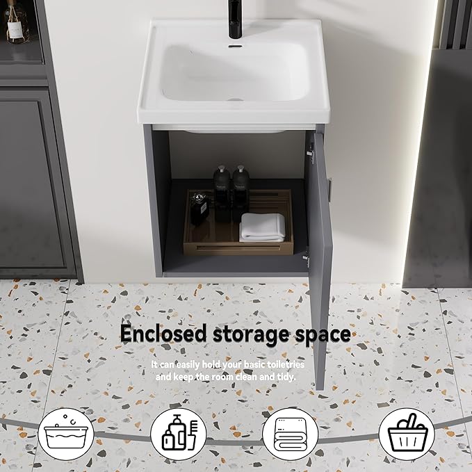 16'' Bathroom Vanity with Ceramic Sink Combo, Wall Mounted Small Bathroom Vanity with Soft-Close Door Modern Floating Cabinet, Pop-up Drain, P-Trap Included, Gray(No Faucet)
