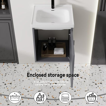 16'' Bathroom Vanity with Ceramic Sink Combo, Wall Mounted Small Bathroom Vanity with Soft-Close Door Modern Floating Cabinet, Pop-up Drain, P-Trap Included, Gray(No Faucet)