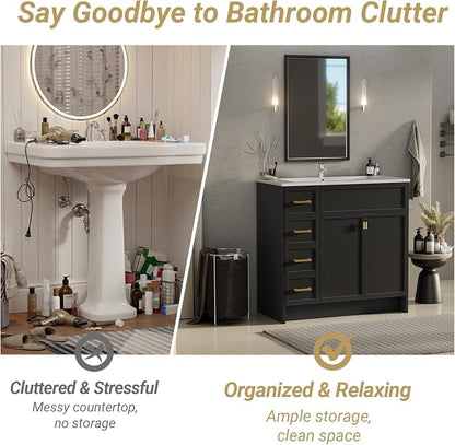 36 Inch Freestanding Bathroom Vanity with Sink, Shaker Style Black Cabinet with 4 Drawers & Double Doors, Waterproof Lacquer Finish, Multi-Drawer Storage for Master Bathroom