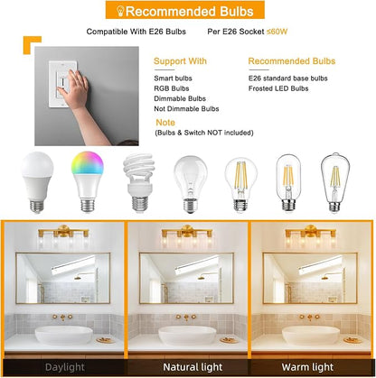 4 Light Gold Bathroom Vanity Light, Brushed Brass Bathroom Light Fixtures with Clear Glass Shade, Modern Wall Lamp Sconce Lighting for Bath Mirror Bedroom Living Room Hallway Porch