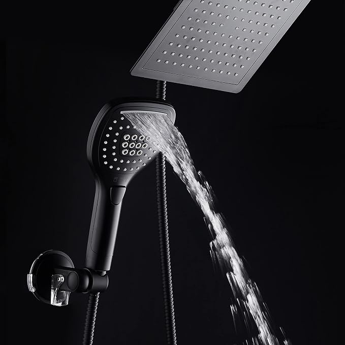 DreamSpa Ultra-Luxury 9-inch Square Rainfall & Handheld Shower Head Combo | Enjoy Extra-wide Flow Coverage and Convenient Push-button Hand Shower Mode Control. Premium Stainless Steel Hose / Black
