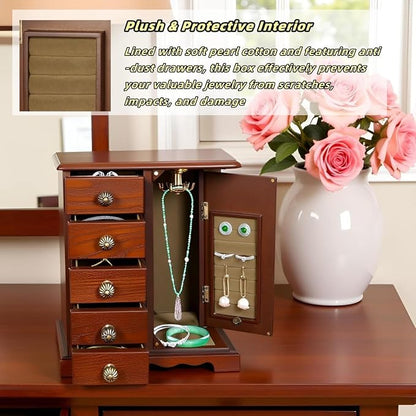 Vintage Wood Jewelry Box with 5 Drawers, Desktop Jewelry Organizer with Glass Door & Mirror, Necklace Ring Storage Display Case Built-in Necklace Carousel, Brown (Dark Brown, 5 Drawers)