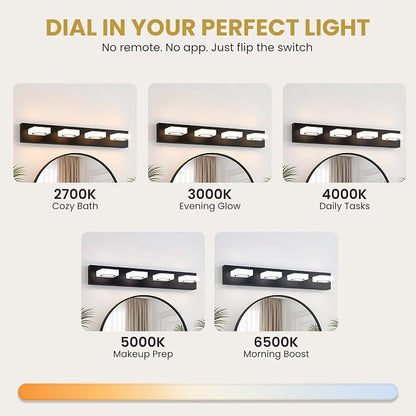 Bathroom Vanity Light, 4-Light 31 Inch Matte Black 5CCT 2700-6500K LED Bathroom Light Fixtures Over Mirror, Vanity Lighting Modern Bath Wall Sconce for Mirror Bedroom Living Room