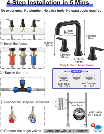 Black Bathroom Faucet Widespread 360 Degree Swivel Bathroom Faucets for Sink 3 Hole 4-10 Inch, 2 Handles Bathroom Sink Faucet with Pop-Up Drain & Water Supply Hose for Hotels, Rental Houses, RV