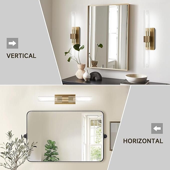 22.8" Knurled Brass Wall Sconces, 2-Light Dimmable Modern Lamp Lighting, Bronze Wall Lighting with Glass, Gold Vanity Light Fixtures Tube Sconce for Bedroom, Living Room, Hallway, Mirror, Kitchen