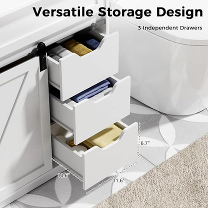 30" Bathroom Vanity with Sink, Bathroom Vanity Set with Sliding Barn Door & 3 Drawers, Freestanding Bathroom Vanities with Metal Handle, Farmhouse Bathroom Cabinet, White