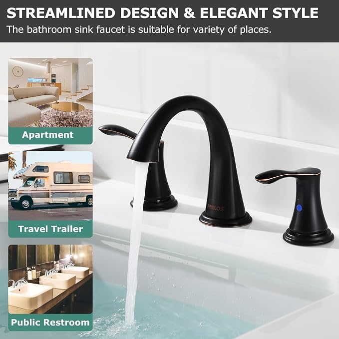 Bathroom Sink Faucet 8 Inch Widespread for Vanity, Oil Rubbed Bronze | Mid Arc Brass Spout, 2 Handle Lead-Free Bathroom Faucet with Metal Pop Up Drain Supply Lines for 3 Hole Lavatory Utility Sink