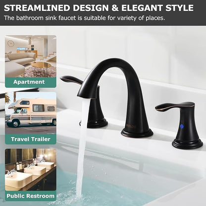 Bathroom Sink Faucet 8 Inch Widespread for Vanity, Oil Rubbed Bronze | Mid Arc Brass Spout, 2 Handle Lead-Free Bathroom Faucet with Metal Pop Up Drain Supply Lines for 3 Hole Lavatory Utility Sink