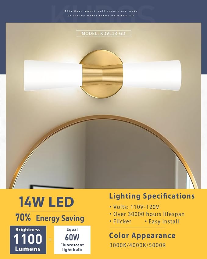 kudos 16 Inch Brushed Gold Vanity Light, Milk White Glass, 3CCT, KDVL13-GD | LED, 14W, 1100 Lumens, 3000K, 4000K and 5000K Selectable, Hardwired,for Bathrooms and Bedrooms