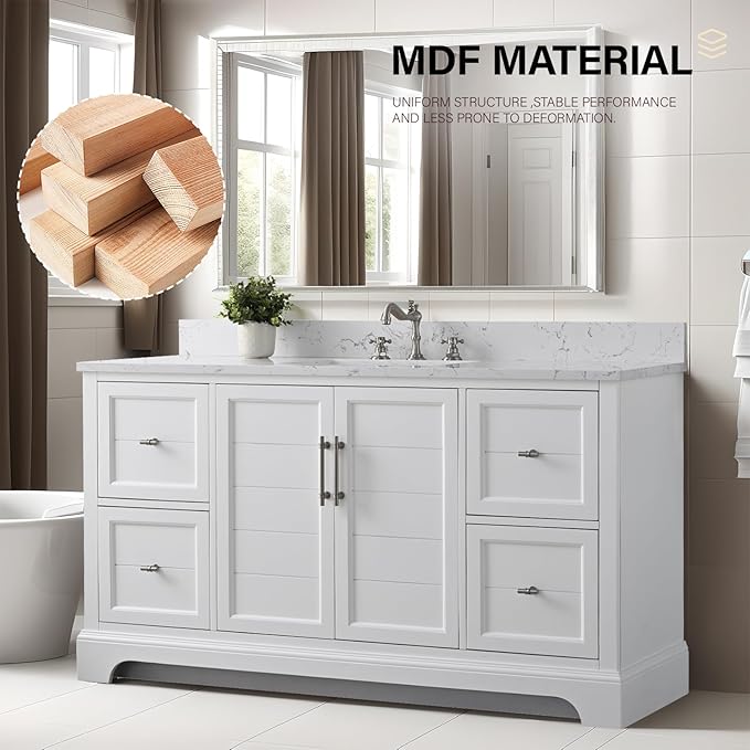 HOMEBEYOND 60 Inch Bathroom Vanity with Single Sink & Ceramic Top, Vanity Cabinet with Center Countertop Basin, Soft-Closing Doors, Backsplash, White
