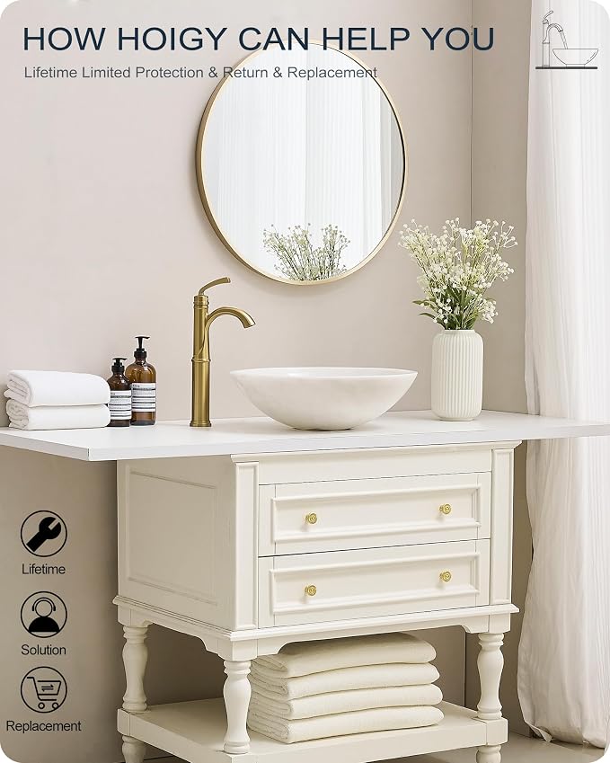 Gold Vessel Sink Faucet, Brass Tall Bathroom Sink Faucet One Hole with 1 Handle, Pop Up Drain, cUPC Supply Hoses & Aerator for Above Counter Basin, Arched Spout Design, 5 Mins Quick Installation