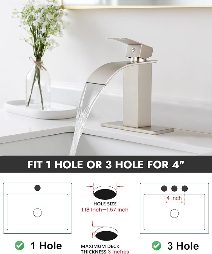 Midanya Waterfall Spout Bathroom Faucet Single Handle 1 Hole Bathroom Sink Faucet,Modern RV Lavatory Vanity Basin Tap with Water Hose,No Drain,Short Body,Brushed Nickel