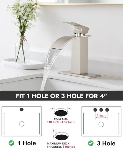 Midanya Waterfall Spout Bathroom Faucet Single Handle 1 Hole Bathroom Sink Faucet,Modern RV Lavatory Vanity Basin Tap with Water Hose,No Drain,Short Body,Brushed Nickel
