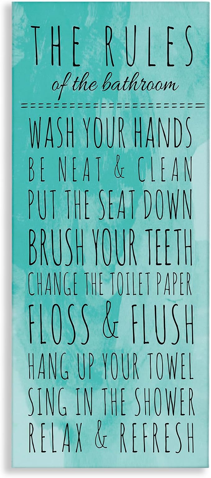 Stupell Home Décor Bathroom "The Rules" Turquoise Stretched Canvas Wall Art, 10 x 1.5 x 24, Proudly Made in USA