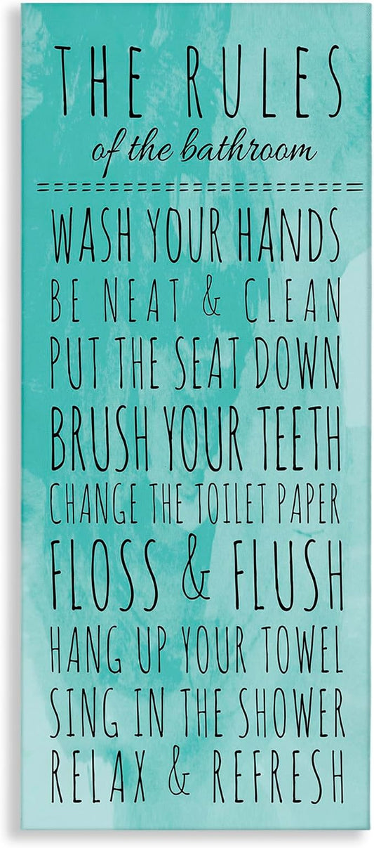 Stupell Home Décor Bathroom "The Rules" Turquoise Stretched Canvas Wall Art, 10 x 1.5 x 24, Proudly Made in USA