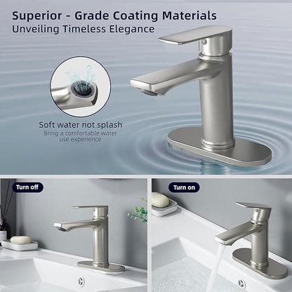 BELZ Brushed Nickel Bathroom Faucet, Modern Single Handle One Hole Bath Vanity Sink Faucet with Pop Up Drain and Deck Plate for 1 or 3 Holes