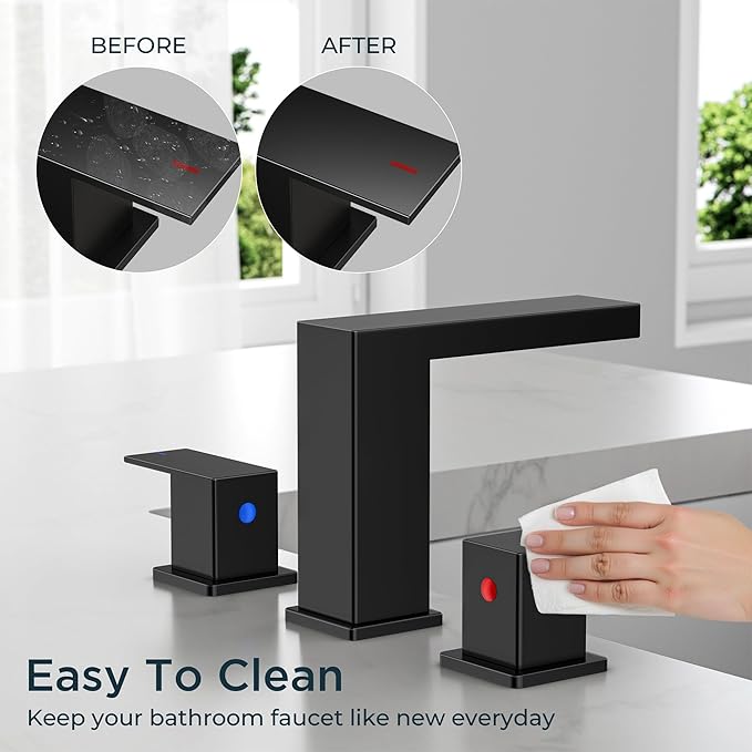 FORIOUS Waterfall Black Bathroom Faucet 3 Hole, 8 Inch Widespread Matte Black Waterfall Faucet for Bathroom Sink 3 Hole with Metal Pop-Up Drain and Supply Lines for Restroom, Lavatory, Vanity
