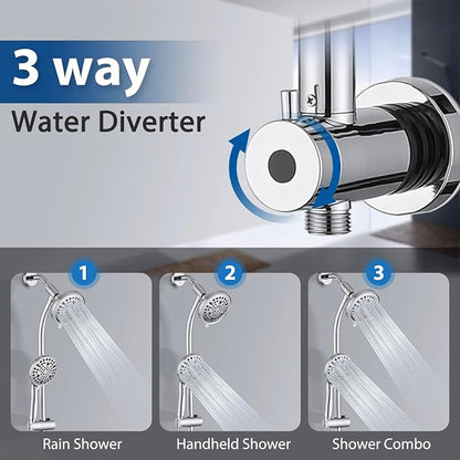 Rainfall Shower Head with Handheld Shower Spray, with 26" Drill Free Adjustable Height Slider Bar, High Pressure Dual Shower Head Combo, 3-Way Diverter for Easy Reach, 5Ft Hose - Chrome Finish