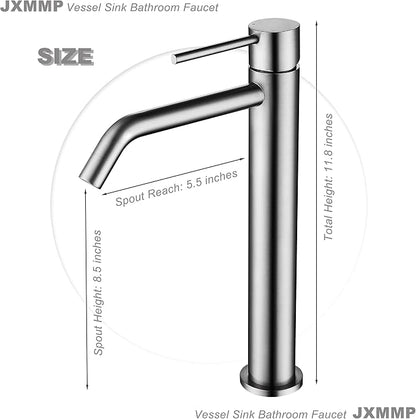Vessel Sink Faucet Brushed Nickel, JXMMP Bathroom Sink Faucets Without Overflow Pop Up Drain and Water Faucet Supply Lines, Stainless Steel SpotShield Bathroom Faucet for Sink 1 Hole, JXM1001BN