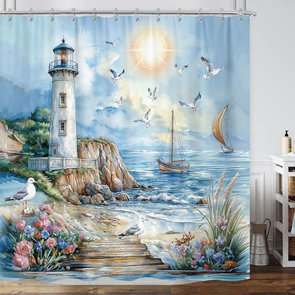 Nautical Coastal Lighthouse Shower Curtain, Boho Ocean Beach Lighthouse Seascape Beachy Abstract Shower Curtain Set, Seasides Sailboat Seagull Fabric Shower Curtain for Bathroom 12 Hooks, 72"×72" Blue