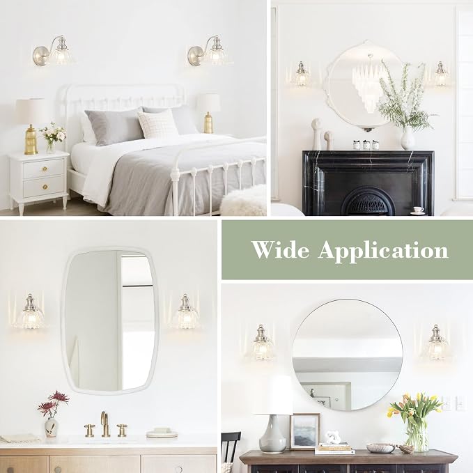Vintage Wall Sconce Light, Brushed Nickel Bathroom Sconces Wall Lighting, Antique Wall Light Fixture with Clear Flower Glass Shades, Indoor Wall Sconces for Living Room Bedroom, 1-Light Wall Lamp