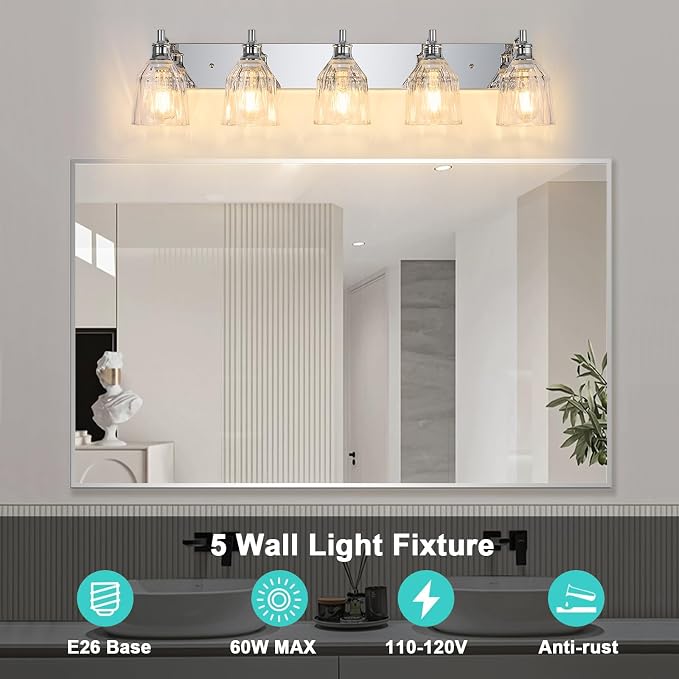 5 Light Bathroom Light Fixtures Modern Chrome Vanity Lights for Bathroom Lighting Fixtures Over Mirror with Thickened Glass Shade for Cabinet Mirror Bedroom Hallway