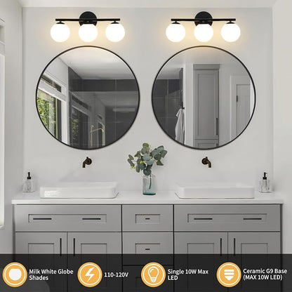 foucasal Black 3-Light Globe Bathroom Vanity Light Fixture Over Mirror | G9 Socket, Plastic Milk Globe Shades, 4.72" Base, 10W Max, Adjustable Up/Down Light, Mid Century Style for Bathroom Bedroom