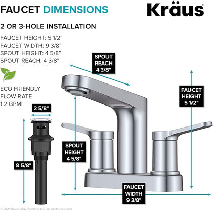 KRAUS Indy Centerset Bathroom Faucet in Chrome with 2 Handles, Pop Up Drain and Supply Lines, FUS14102CH