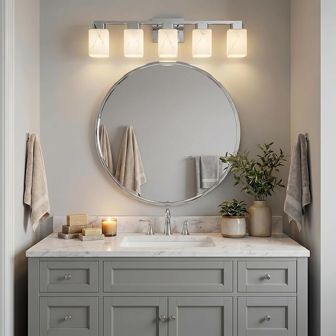 5-Light Square Bathroom Light Fixture, Chrome Modern Vanity Light with White Marble Glass Shade, for Bathroom Mirror, Living Room, Bedroom, Hallway, E26 Base