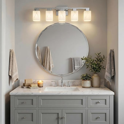 5-Light Square Bathroom Light Fixture, Chrome Modern Vanity Light with White Marble Glass Shade, for Bathroom Mirror, Living Room, Bedroom, Hallway, E26 Base