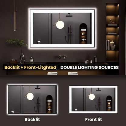 LOAAO 48"X30" LED Bathroom Mirror Black Framed | Anti-Fog, Dimmable, Memory Function, Tempered Glass, Lighted Vanity Mirror for Wall