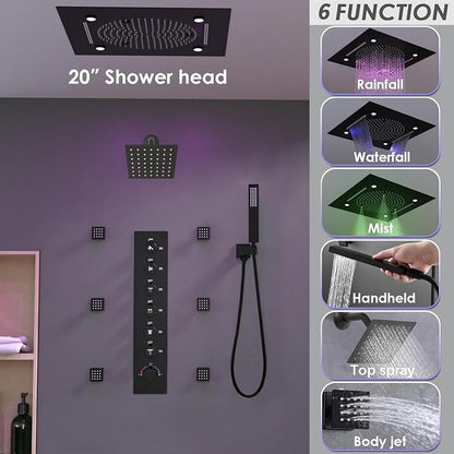 Enga Luxury Dual Shower Head System with Body Jets LED Thermostatic Shower System with 6 inch Wall Shower, 20-Inch 3 Function Shower Head (Rainfall & Mist & Waterfall), Matte Black