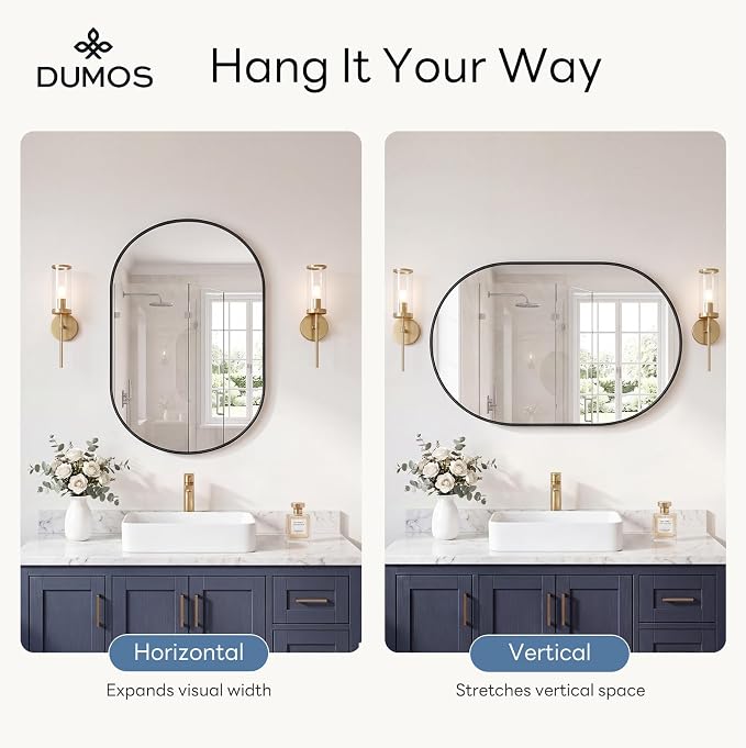 DUMOS 24" x 36" Oval Bathroom Mirror, Black Wall Mirrors with Metal Frame | Tempered Glass, Morden Vanity Mirror for Over Sink, Entryway, Living Room, Bedroom, Horizontal or Vertical