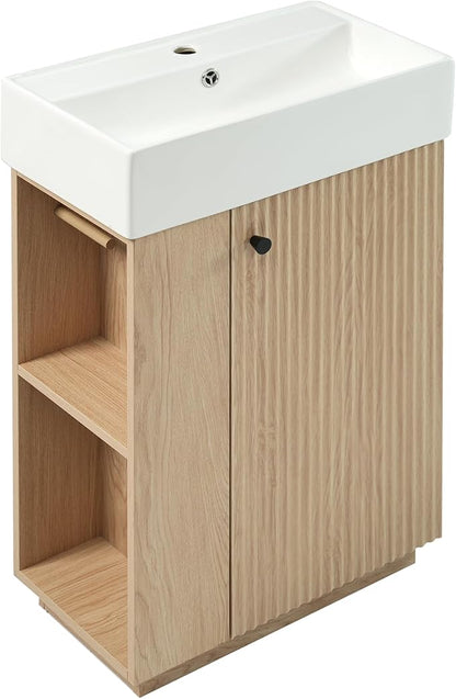 Merax Small Bathroom Vanity, Modern Floor Standing Bathroom Vanity with Sink, Ceramic Sink Vanity with Side Storage Shelves and Toilet Paper Holders, Oak