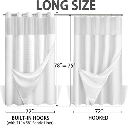 No Hook Shower Curtain and Liner Set,White Hotel Waffle Shower Curtain with Liner 78" L x 72" W