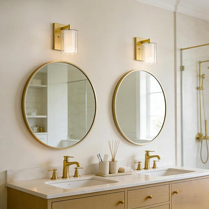 Wall Sconces Set of Two, Modern Gold Vanity Wall Lights | Double Clear Glass Shades With E26 Base, Farmhouse Wall Lights For Bathroom, Bedroom, Living Room, Mirror And Hallway.