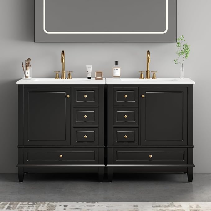 60 Inch Bathroom Vanity with Double Sink, 60 Double Sink Bathroom Vanity, Bathroom Vanity 60" Double Sink with 6 Drawers, 2 Cabinets and 2 Door with Shelves (Black)