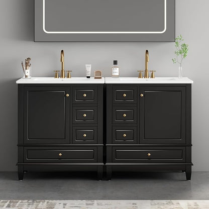 60 Inch Bathroom Vanity with Double Sink, 60 Double Sink Bathroom Vanity, Bathroom Vanity 60" Double Sink with 6 Drawers, 2 Cabinets and 2 Door with Shelves (Black)